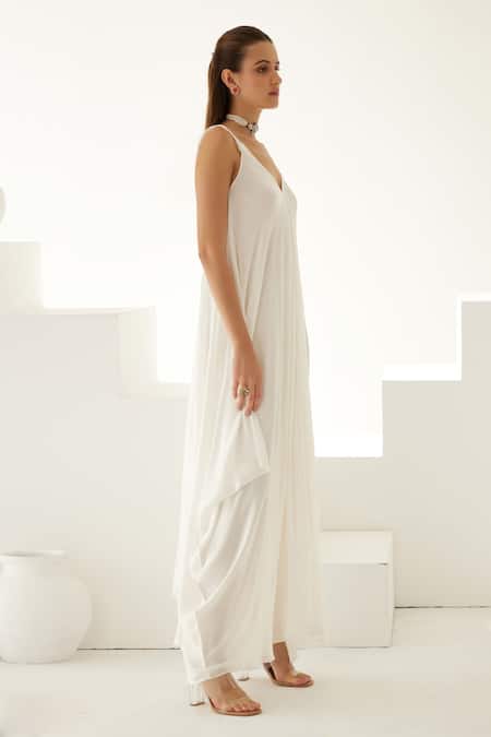 Shop_Wear Jaja_White Modal V-neck Flowy Asymmetric Dress_Online_at_Aza_Fashions