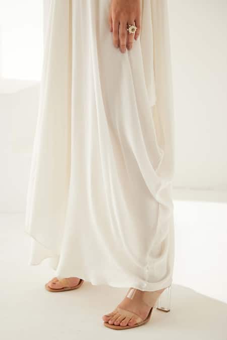 Wear Jaja_White Modal V-neck Flowy Asymmetric Dress_at_Aza_Fashions