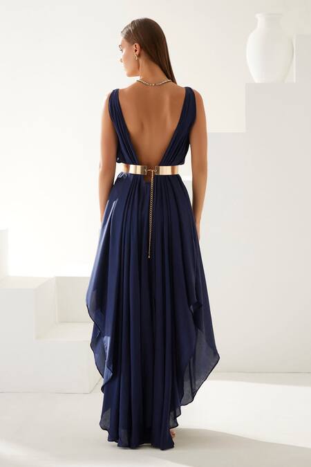 Shop_Wear Jaja_Blue Modal Buckles V-neck Asymmetric Flowy Dress _at_Aza_Fashions