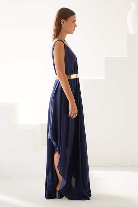 Wear Jaja_Blue Modal Buckles V-neck Asymmetric Flowy Dress _Online_at_Aza_Fashions