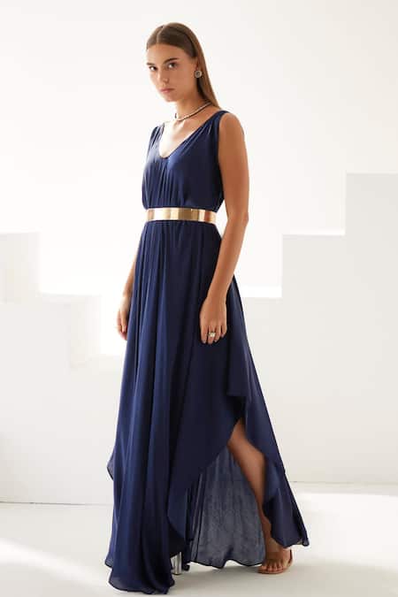 Buy_Wear Jaja_Blue Modal Buckles V-neck Asymmetric Flowy Dress _Online_at_Aza_Fashions