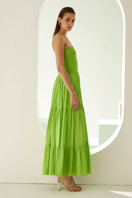 Wear Jaja_Green Modal Off-shoulder Strapless Smocked Dress_Online_at_Aza_Fashions