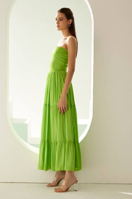 Buy_Wear Jaja_Green Modal Off-shoulder Strapless Smocked Dress_Online_at_Aza_Fashions
