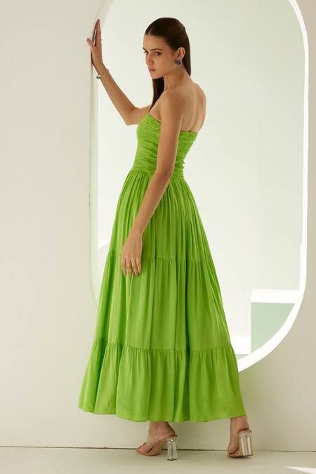 Shop_Wear Jaja_Green Modal Off-shoulder Strapless Smocked Dress_Online_at_Aza_Fashions