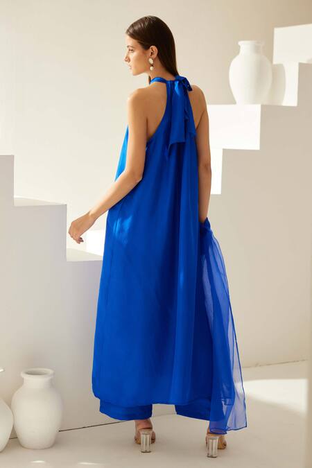 Shop Wear Jaja Blue Silk Halter Neck Tunic Palazzo Set at Aza Fashions Shop_Wear Jaja_Blue Silk Halter Neck Tunic Palazzo Set_at_Aza_Fashions