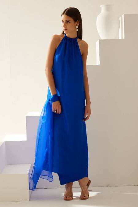Wear Jaja Blue Silk Halter Neck Tunic Palazzo Set Online at Aza Fashions Wear Jaja_Blue Silk Halter Neck Tunic Palazzo Set_Online_at_Aza_Fashions