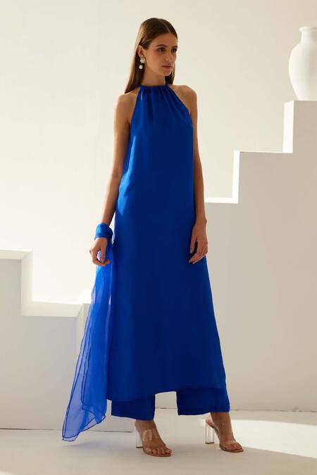 Buy Wear Jaja Blue Silk Halter Neck Tunic Palazzo Set Online at Aza Fashions Buy_Wear Jaja_Blue Silk Halter Neck Tunic Palazzo Set_Online_at_Aza_Fashions