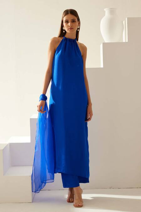 Shop Wear Jaja Blue Silk Halter Neck Tunic Palazzo Set Online at Aza Fashions Shop_Wear Jaja_Blue Silk Halter Neck Tunic Palazzo Set_Online_at_Aza_Fashions