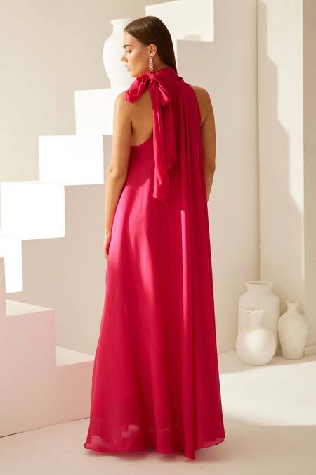 Shop Wear Jaja Red Modal Halter Neck Solid Maxi Dress at Aza Fashions Shop_Wear Jaja_Red Modal Halter Neck Solid Maxi Dress_at_Aza_Fashions
