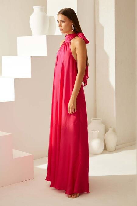 Shop Wear Jaja Red Modal Halter Neck Solid Maxi Dress Online at Aza Fashions Shop_Wear Jaja_Red Modal Halter Neck Solid Maxi Dress_Online_at_Aza_Fashions