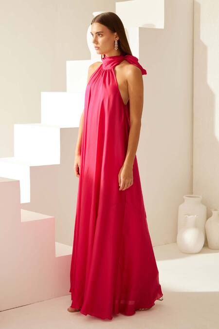 Wear Jaja Red Modal Halter Neck Solid Maxi Dress at Aza Fashions Wear Jaja_Red Modal Halter Neck Solid Maxi Dress_at_Aza_Fashions
