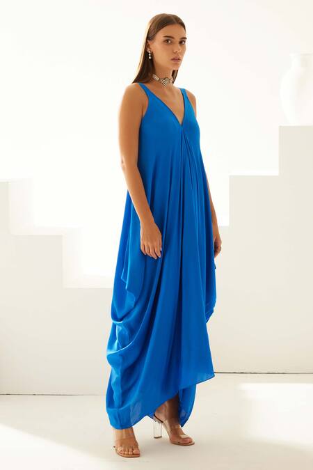 Wear Jaja_Blue Modal V-neck V Solid Maxi Dress_Online_at_Aza_Fashions