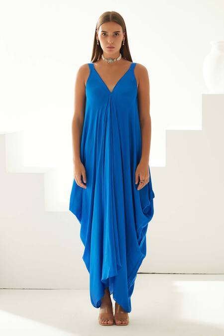 Buy_Wear Jaja_Blue Modal V-neck V Solid Maxi Dress_Online_at_Aza_Fashions