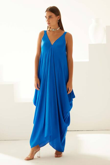 Shop_Wear Jaja_Blue Modal V-neck V Solid Maxi Dress_Online_at_Aza_Fashions