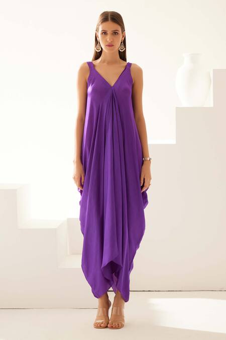 Shop Wear Jaja Purple Modal V-neck V Solid Asymmetrical Maxi Dress at Aza Fashions Shop_Wear Jaja_Purple Modal V-neck V Solid Asymmetrical Maxi Dress_at_Aza_Fashions