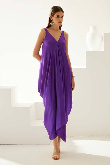 Wear Jaja Purple Modal V-neck V Solid Asymmetrical Maxi Dress Online at Aza Fashions Wear Jaja_Purple Modal V-neck V Solid Asymmetrical Maxi Dress_Online_at_Aza_Fashions