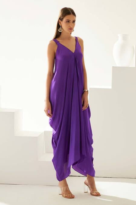 Buy Wear Jaja Purple Modal V-neck V Solid Asymmetrical Maxi Dress Online at Aza Fashions Buy_Wear Jaja_Purple Modal V-neck V Solid Asymmetrical Maxi Dress_Online_at_Aza_Fashions