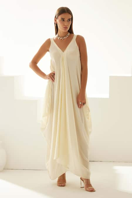 Wear JaJa Cream Modal Solid V Neck Asymmetrical Maxi Dress  