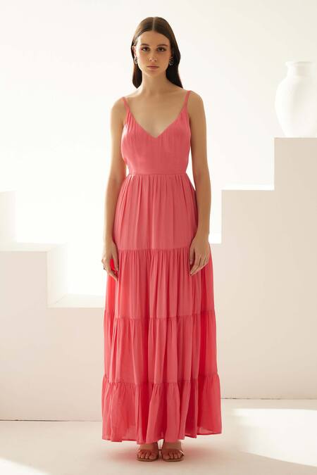 Buy Wear Jaja Peach Modal V-neck V Solid Strappy Maxi Dress Online at Aza Fashions Buy_Wear Jaja_Peach Modal V-neck V Solid Strappy Maxi Dress_Online_at_Aza_Fashions