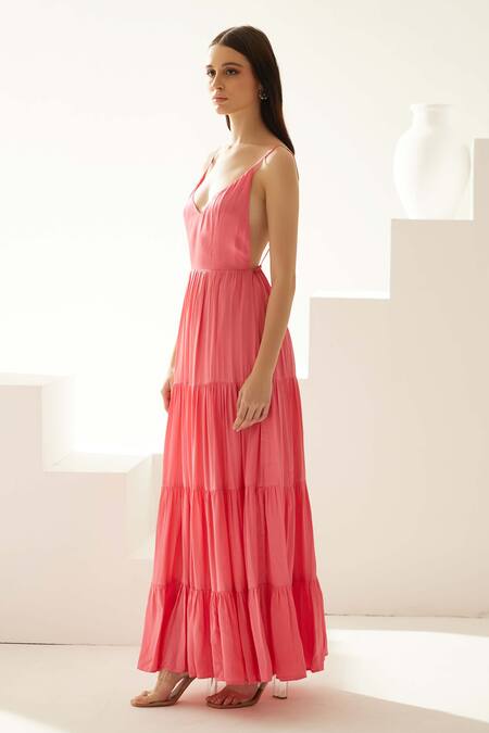 Shop Wear Jaja Peach Modal V-neck V Solid Strappy Maxi Dress Online at Aza Fashions Shop_Wear Jaja_Peach Modal V-neck V Solid Strappy Maxi Dress_Online_at_Aza_Fashions