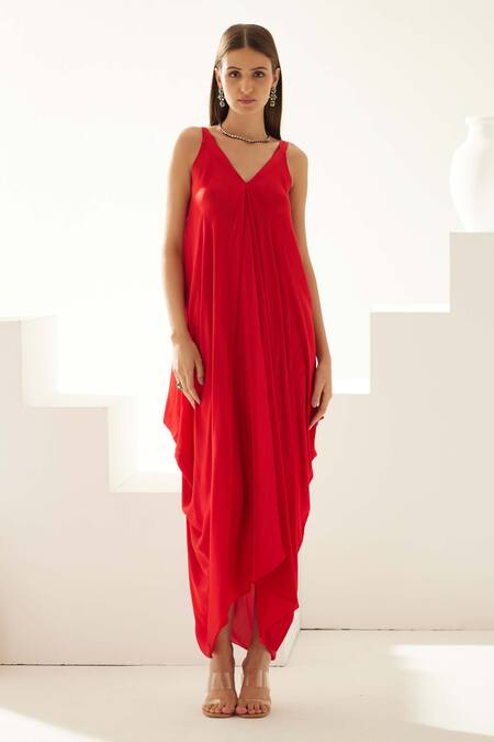 Wear Jaja Red Modal V-neck V Solid Draped Maxi Dress Online at Aza Fashions Wear Jaja_Red Modal V-neck V Solid Draped Maxi Dress_Online_at_Aza_Fashions