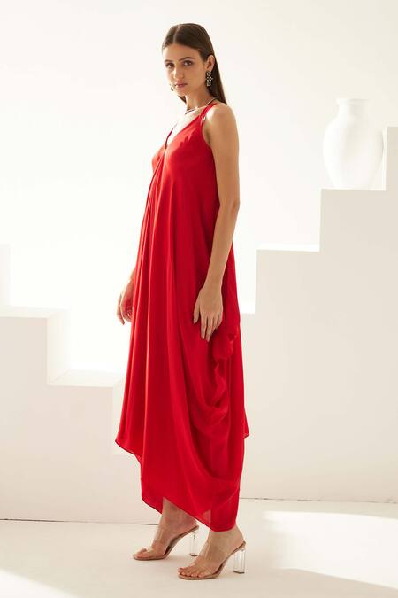 Buy Wear Jaja Red Modal V-neck V Solid Draped Maxi Dress Online at Aza Fashions Buy_Wear Jaja_Red Modal V-neck V Solid Draped Maxi Dress_Online_at_Aza_Fashions