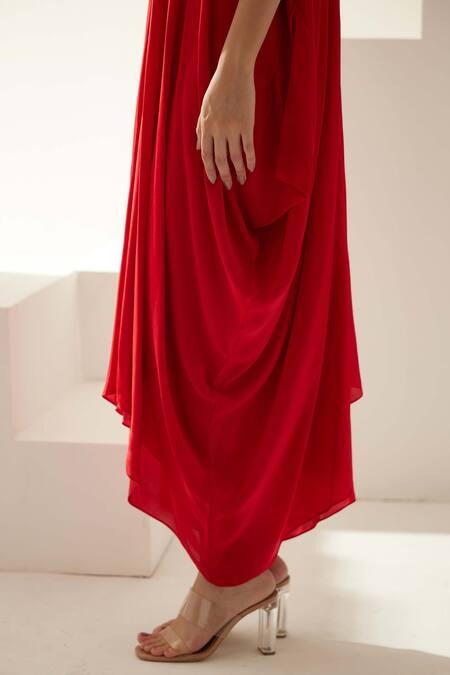 Shop Wear Jaja Red Modal V-neck V Solid Draped Maxi Dress Online at Aza Fashions Shop_Wear Jaja_Red Modal V-neck V Solid Draped Maxi Dress_Online_at_Aza_Fashions