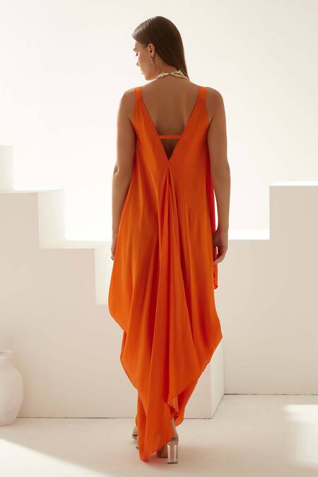 Shop Wear Jaja Orange Modal V-neck Solid V Draped Maxi Dress at Aza Fashions Shop_Wear Jaja_Orange Modal V-neck Solid V Draped Maxi Dress_at_Aza_Fashions