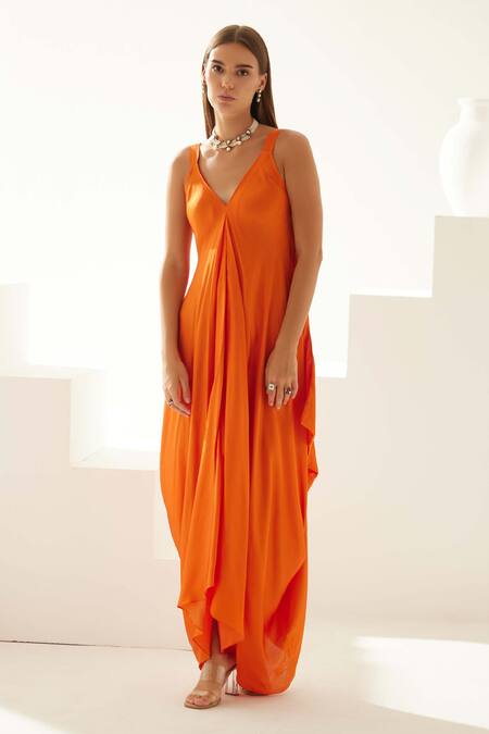 Wear Jaja Orange Modal V-neck Solid V Draped Maxi Dress Online at Aza Fashions Wear Jaja_Orange Modal V-neck Solid V Draped Maxi Dress_Online_at_Aza_Fashions