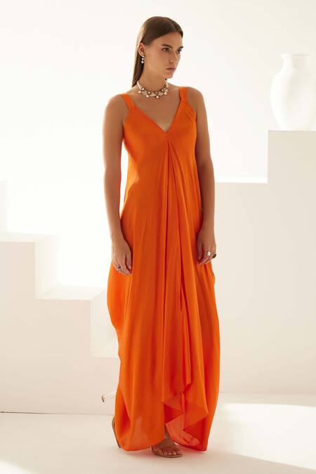 Shop Wear Jaja Orange Modal V-neck Solid V Draped Maxi Dress Online at Aza Fashions Shop_Wear Jaja_Orange Modal V-neck Solid V Draped Maxi Dress_Online_at_Aza_Fashions