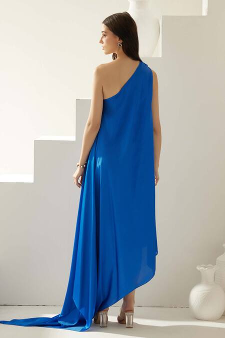 Shop_Wear Jaja_Blue Modal One Shoulder Solid Maxi Dress_at_Aza_Fashions
