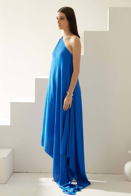 Wear Jaja_Blue Modal One Shoulder Solid Maxi Dress_Online_at_Aza_Fashions