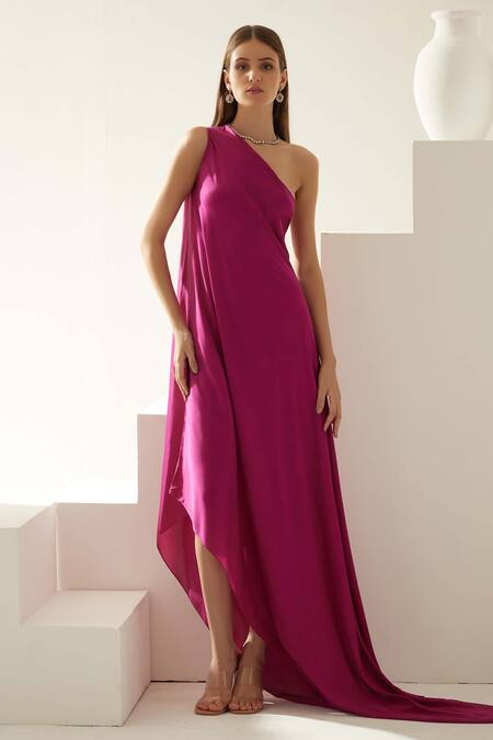 Shop Wear Jaja Wine Modal One Shoulder Plain Maxi Dress at Aza Fashions Shop_Wear Jaja_Wine Modal One Shoulder Plain Maxi Dress_at_Aza_Fashions