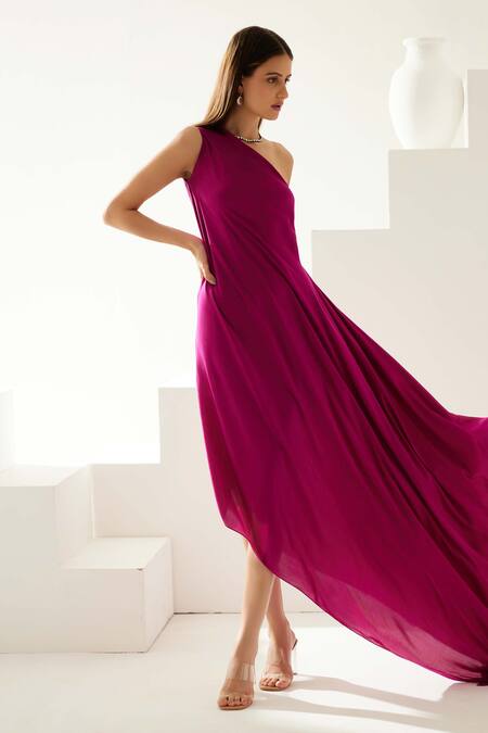 Buy Wear Jaja Wine Modal One Shoulder Plain Maxi Dress Online at Aza Fashions Buy_Wear Jaja_Wine Modal One Shoulder Plain Maxi Dress_Online_at_Aza_Fashions