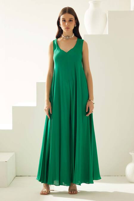 Wear Jaja_Green Modal Asymmetric Solid V Neck Jumpsuit_Online_at_Aza_Fashions