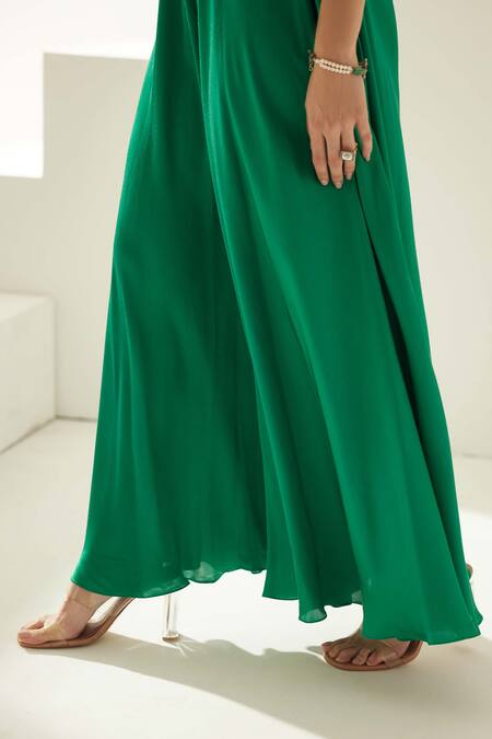 Buy_Wear Jaja_Green Modal Asymmetric Solid V Neck Jumpsuit_Online_at_Aza_Fashions