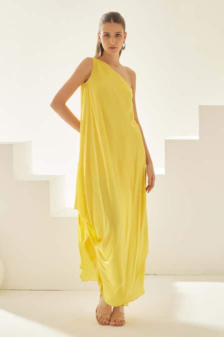 Wear JaJa Solid One-Shoulder Draped Maxi Dress 