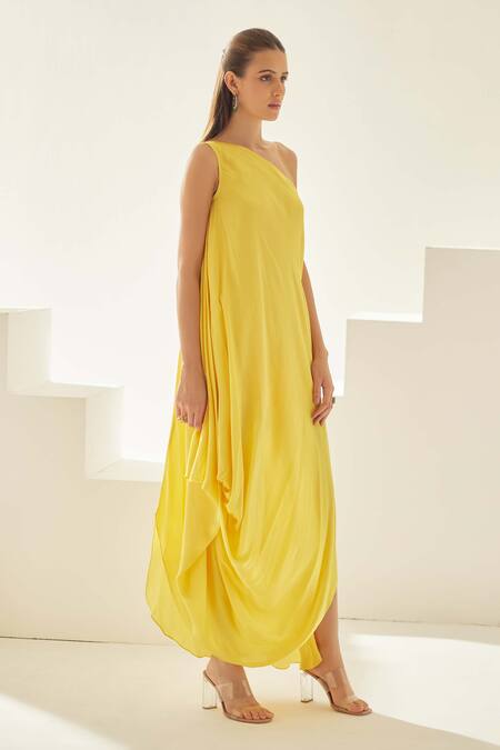 Shop Wear Jaja Yellow Modal One Shoulder Solid Draped Maxi Dress at Aza Fashions Shop_Wear Jaja_Yellow Modal One Shoulder Solid Draped Maxi Dress_at_Aza_Fashions