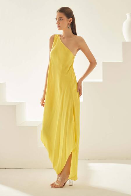 Wear Jaja Yellow Modal One Shoulder Solid Draped Maxi Dress Online at Aza Fashions Wear Jaja_Yellow Modal One Shoulder Solid Draped Maxi Dress_Online_at_Aza_Fashions