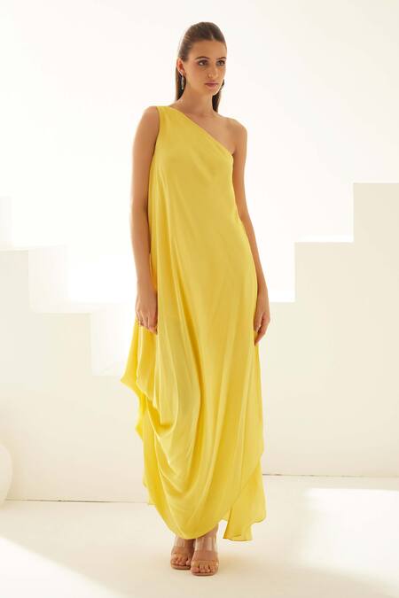 Buy Wear Jaja Yellow Modal One Shoulder Solid Draped Maxi Dress Online at Aza Fashions Buy_Wear Jaja_Yellow Modal One Shoulder Solid Draped Maxi Dress_Online_at_Aza_Fashions