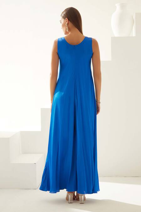 Shop Wear Jaja Blue Modal Solid V Neck Sleeveless Jumpsuit at Aza Fashions Shop_Wear Jaja_Blue Modal Solid V Neck Sleeveless Jumpsuit_at_Aza_Fashions