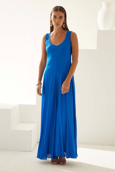 Buy Wear Jaja Blue Modal Solid V Neck Sleeveless Jumpsuit Online at Aza Fashions Buy_Wear Jaja_Blue Modal Solid V Neck Sleeveless Jumpsuit_Online_at_Aza_Fashions