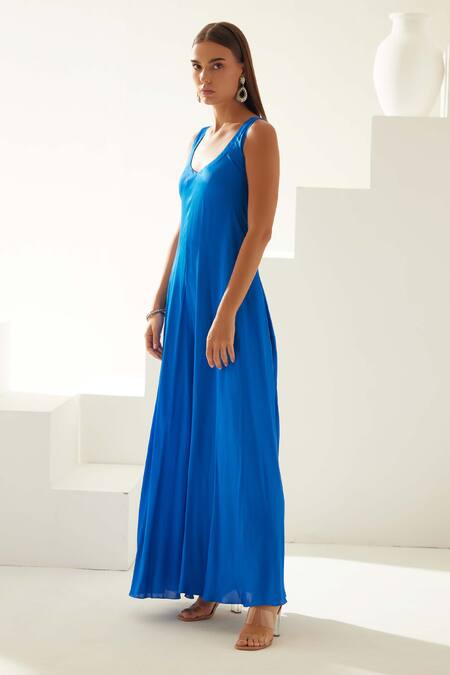 Shop Wear Jaja Blue Modal Solid V Neck Sleeveless Jumpsuit Online at Aza Fashions Shop_Wear Jaja_Blue Modal Solid V Neck Sleeveless Jumpsuit_Online_at_Aza_Fashions