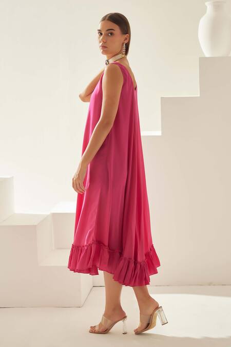 Wear Jaja_Pink Modal Round Neck Solid Midi Dress_Online_at_Aza_Fashions