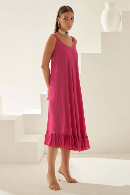 Buy_Wear Jaja_Pink Modal Round Neck Solid Midi Dress_Online_at_Aza_Fashions