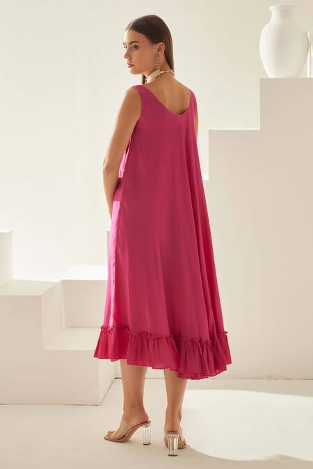 Shop_Wear Jaja_Pink Modal Round Neck Solid Midi Dress_Online_at_Aza_Fashions