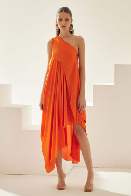 Wear JaJa Orange Modal Solid One Shoulder Asymmetrical Midi Dress  