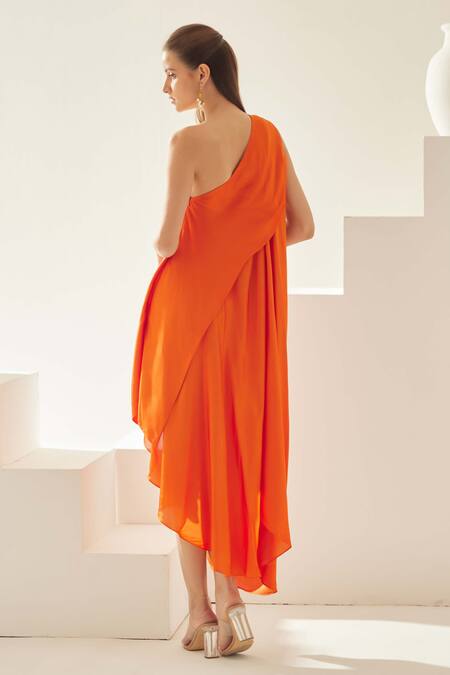 Shop Wear Jaja Orange Modal One Shoulder Asymmetrical Midi Dress at Aza Fashions Shop_Wear Jaja_Orange Modal One Shoulder Asymmetrical Midi Dress_at_Aza_Fashions