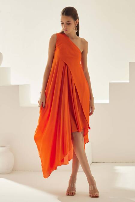 Wear Jaja Orange Modal One Shoulder Asymmetrical Midi Dress Online at Aza Fashions Wear Jaja_Orange Modal One Shoulder Asymmetrical Midi Dress_Online_at_Aza_Fashions