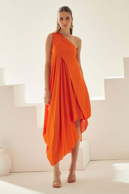 Buy Wear Jaja Orange Modal One Shoulder Asymmetrical Midi Dress Online at Aza Fashions Buy_Wear Jaja_Orange Modal One Shoulder Asymmetrical Midi Dress_Online_at_Aza_Fashions
